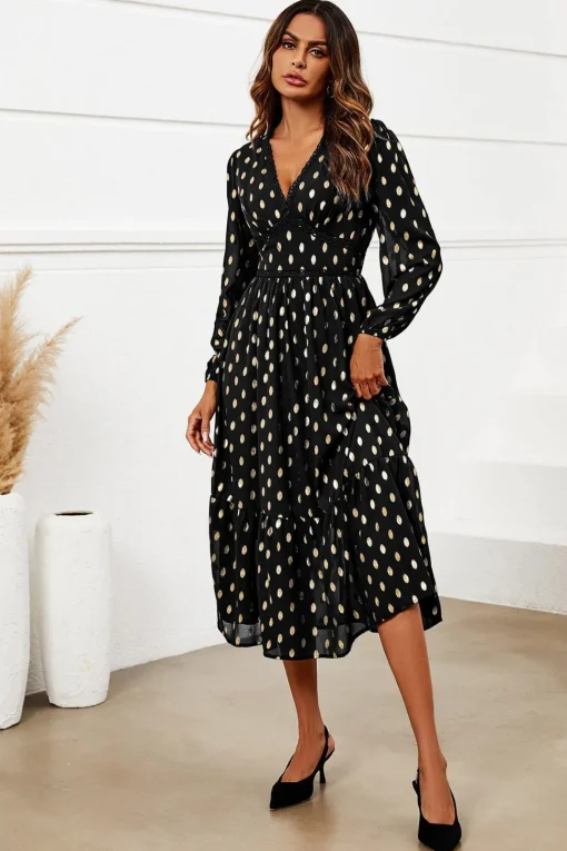 Gold Foil Lace Trim Long Sleeve Midi Dress