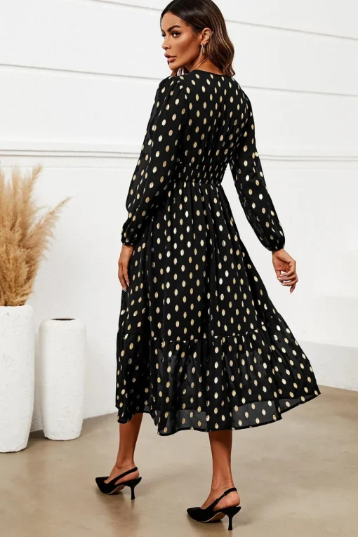 Gold Foil Lace Trim Long Sleeve Midi Dress