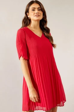 Graduated Pleat Angel Sleeve Mini Dress