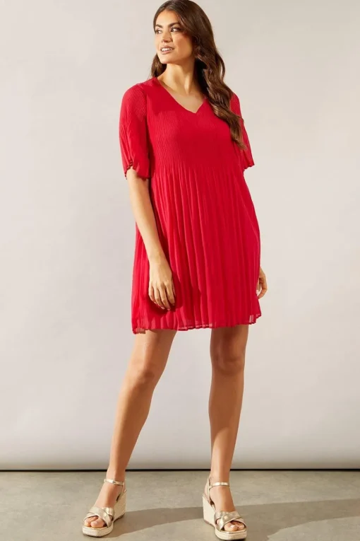 Graduated Pleat Angel Sleeve Mini Dress