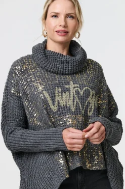 Graphic Print Metallic Roll Neck Jumper