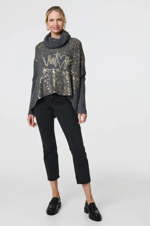 Graphic Print Metallic Roll Neck Jumper