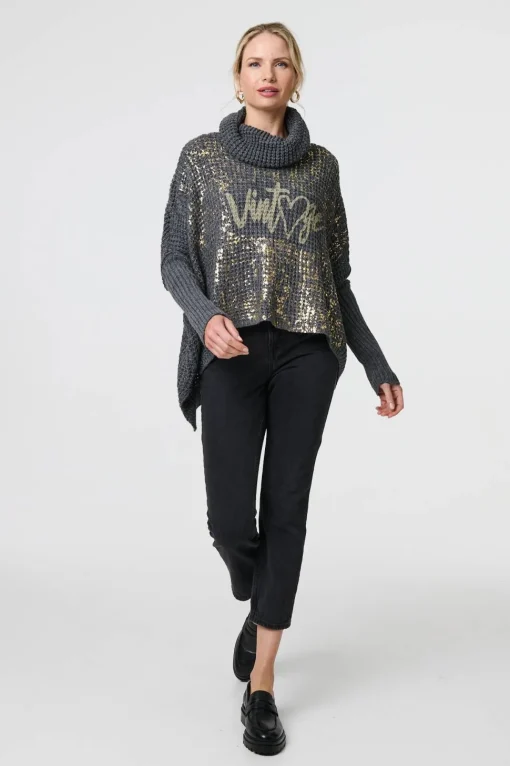 Graphic Print Metallic Roll Neck Jumper