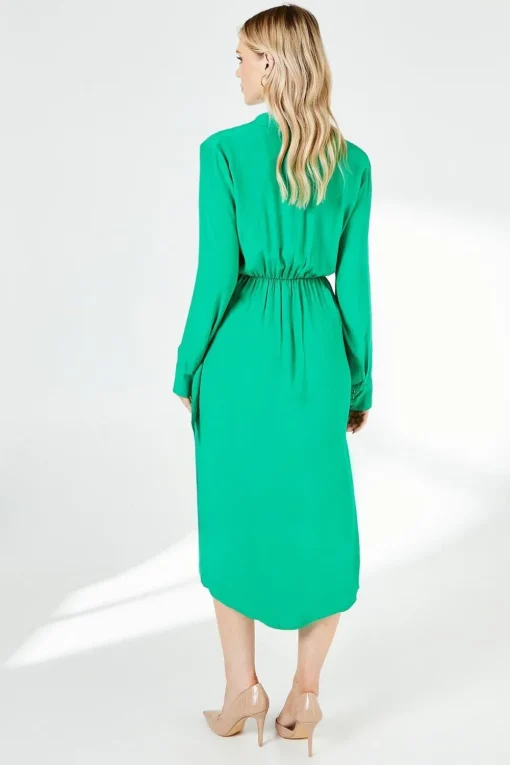 Green Belt Detail Collared Wrap Dress