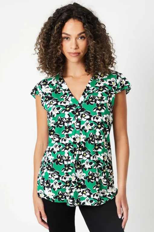 Green Floral Jersey Sleeveless Frill Top