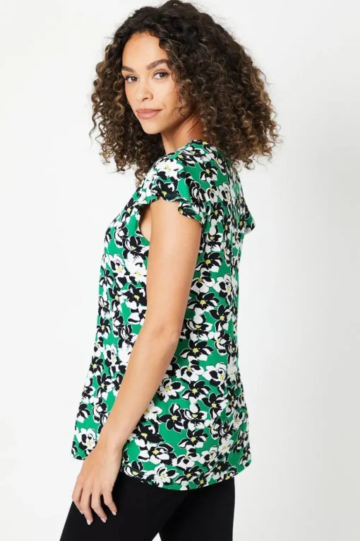 Green Floral Jersey Sleeveless Frill Top