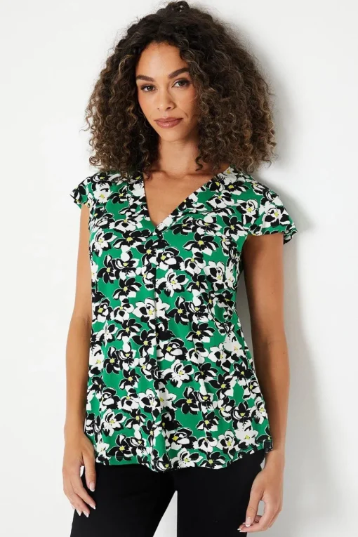 Green Floral Jersey Sleeveless Frill Top