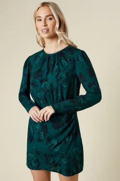 Green Floral Wrap Skirt Long Sleeve Mini Dress