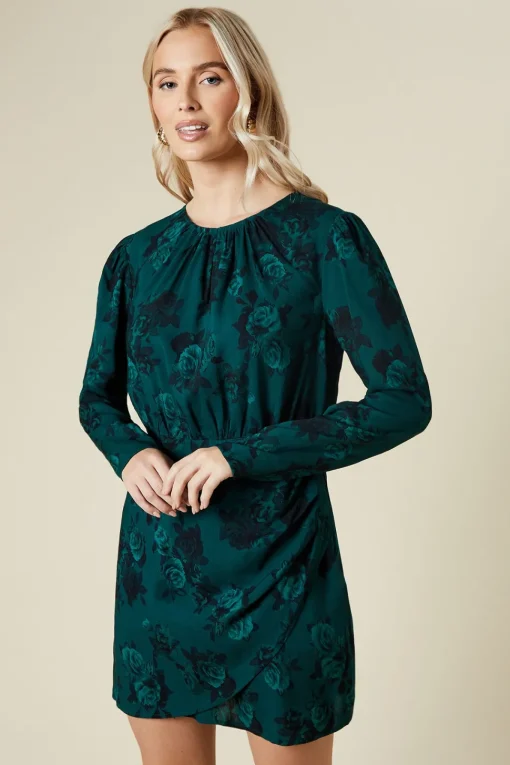 Green Floral Wrap Skirt Long Sleeve Mini Dress