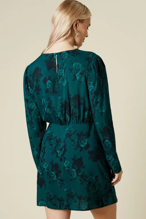 Green Floral Wrap Skirt Long Sleeve Mini Dress