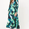 Green Leaf Print Satin Wrap Midi Dress