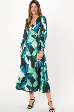 Green Leaf Print Satin Wrap Midi Dress