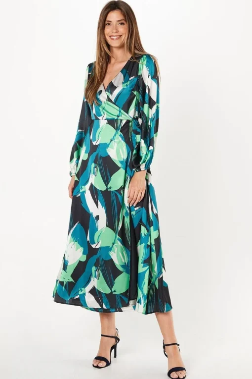 Green Leaf Print Satin Wrap Midi Dress