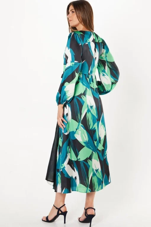 Green Leaf Print Satin Wrap Midi Dress