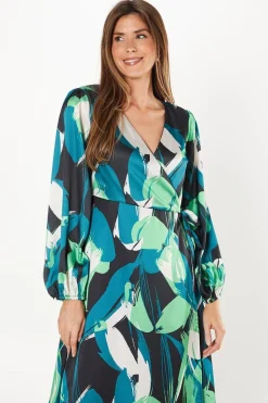 Green Leaf Print Satin Wrap Midi Dress