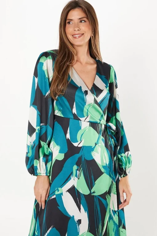 Green Leaf Print Satin Wrap Midi Dress