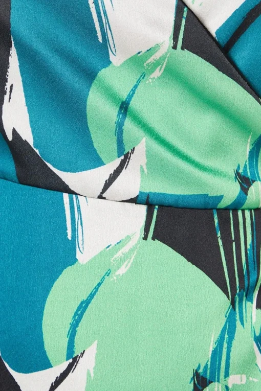 Green Leaf Print Satin Wrap Midi Dress