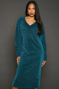 Green Metallic Jersey Batwing Midi Dress