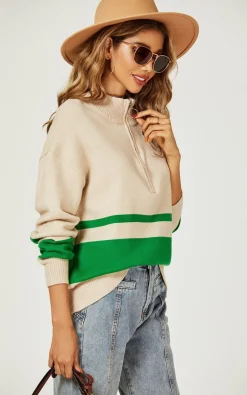 Green Stripe Block Colour 3/4 Zip Cable Knit Jumper In Cream