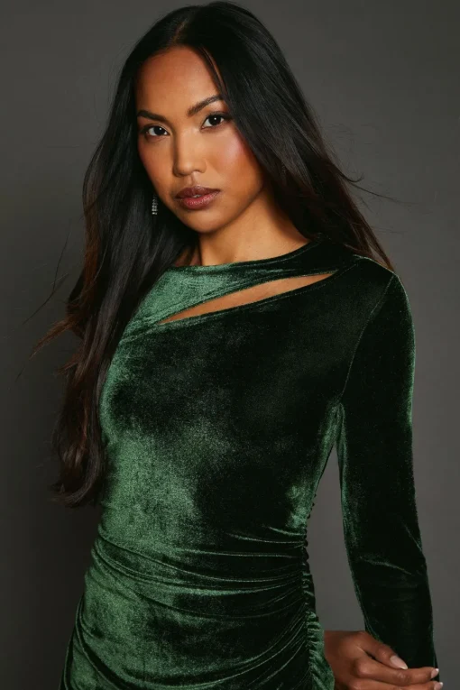 Green Velvet Asymmetric Cut Out Midaxi Dress