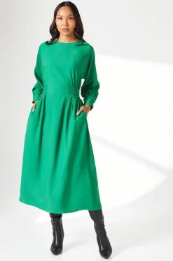 Green Waist Detail Crepe Midi Dress