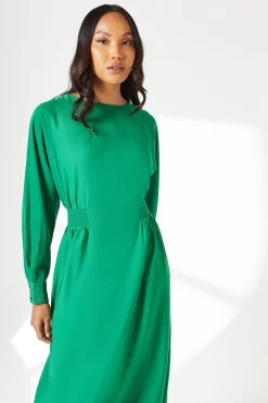 Green Waist Detail Crepe Midi Dress