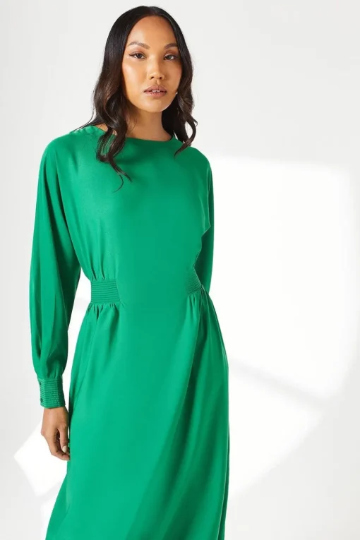 Green Waist Detail Crepe Midi Dress