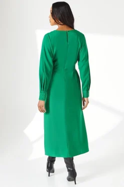 Green Waist Detail Crepe Midi Dress