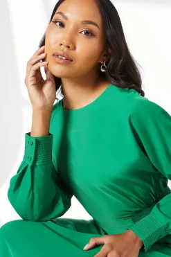 Green Waist Detail Crepe Midi Dress
