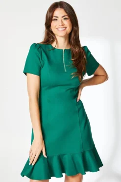 Green Zip Front Ponte Shift Dress