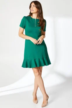 Green Zip Front Ponte Shift Dress