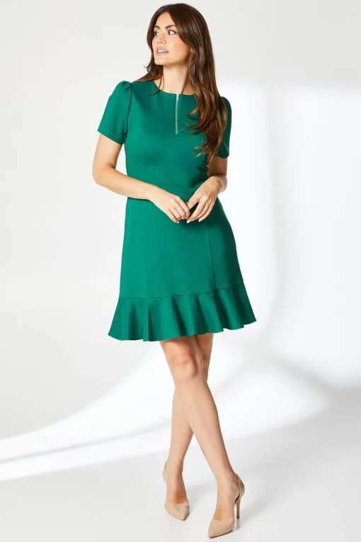 Green Zip Front Ponte Shift Dress
