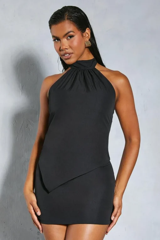 Grown On Neck Asymmetric Hem Top & Mini Skirt Co-ord