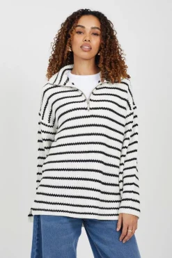 Half Zip Striped Fisherman Knit Jumper