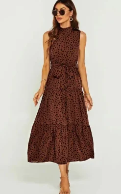 Halter Neck Maxi Layer Dress In Brown & Black Leopard Print