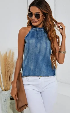Halter Neck Tie Back Denim Top