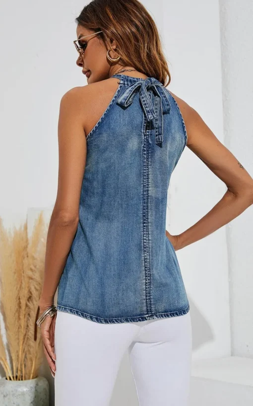 Halter Neck Tie Back Denim Top