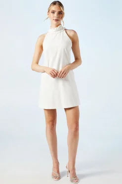 Halterneck Scallop Trim Structured Satin Shift Mini Bridal Dress