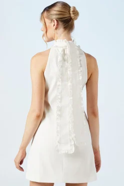 Halterneck Scallop Trim Structured Satin Shift Mini Bridal Dress