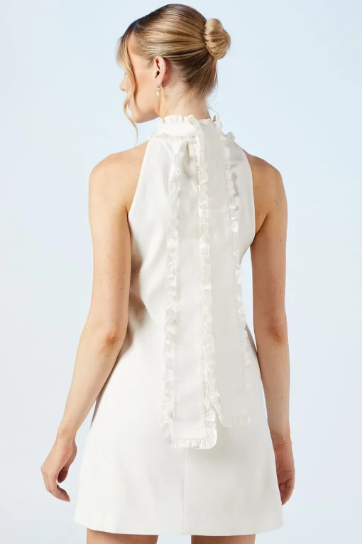 Halterneck Scallop Trim Structured Satin Shift Mini Bridal Dress