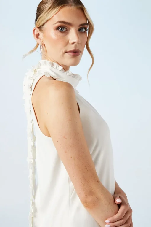 Halterneck Scallop Trim Structured Satin Shift Mini Bridal Dress