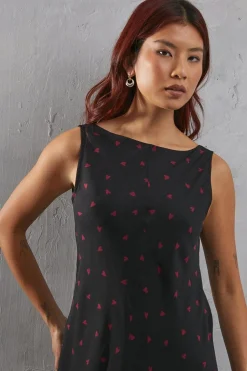 Heart Print Chiffon Slash Neck Bias Sleeveless Midi Dress