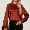 High Neck Back Cut Detail Satin Blouse Top