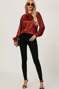 High Neck Back Cut Detail Satin Blouse Top