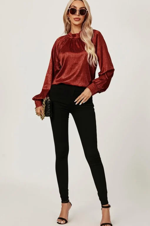 High Neck Back Cut Detail Satin Blouse Top