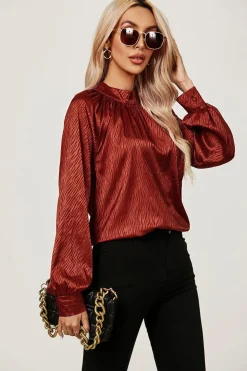 High Neck Back Cut Detail Satin Blouse Top