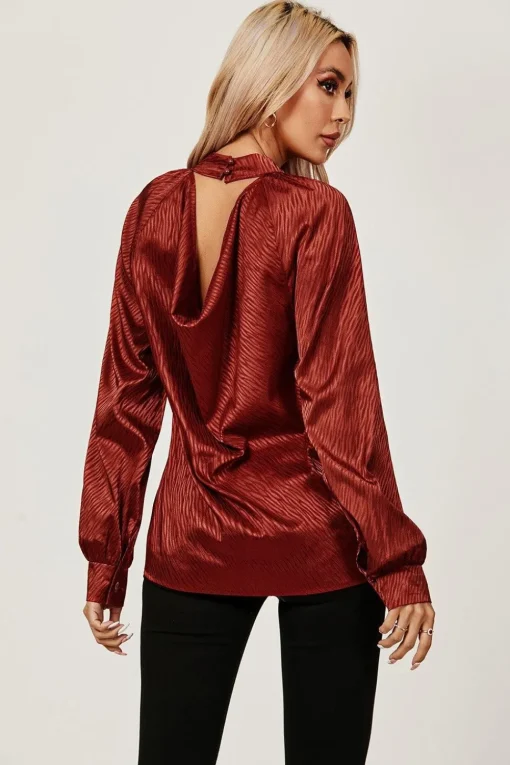 High Neck Back Cut Detail Satin Blouse Top