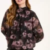 High Neck Bubble Hem Floral Blouse