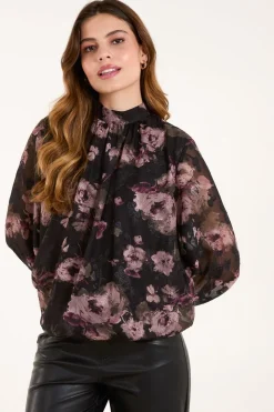 High Neck Bubble Hem Floral Blouse