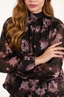 High Neck Bubble Hem Floral Blouse